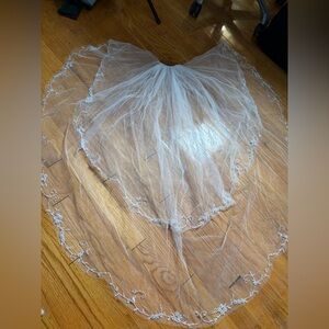 Vintage 1990s Beaded Wedding Veil with Blusher – Fingertip Length
